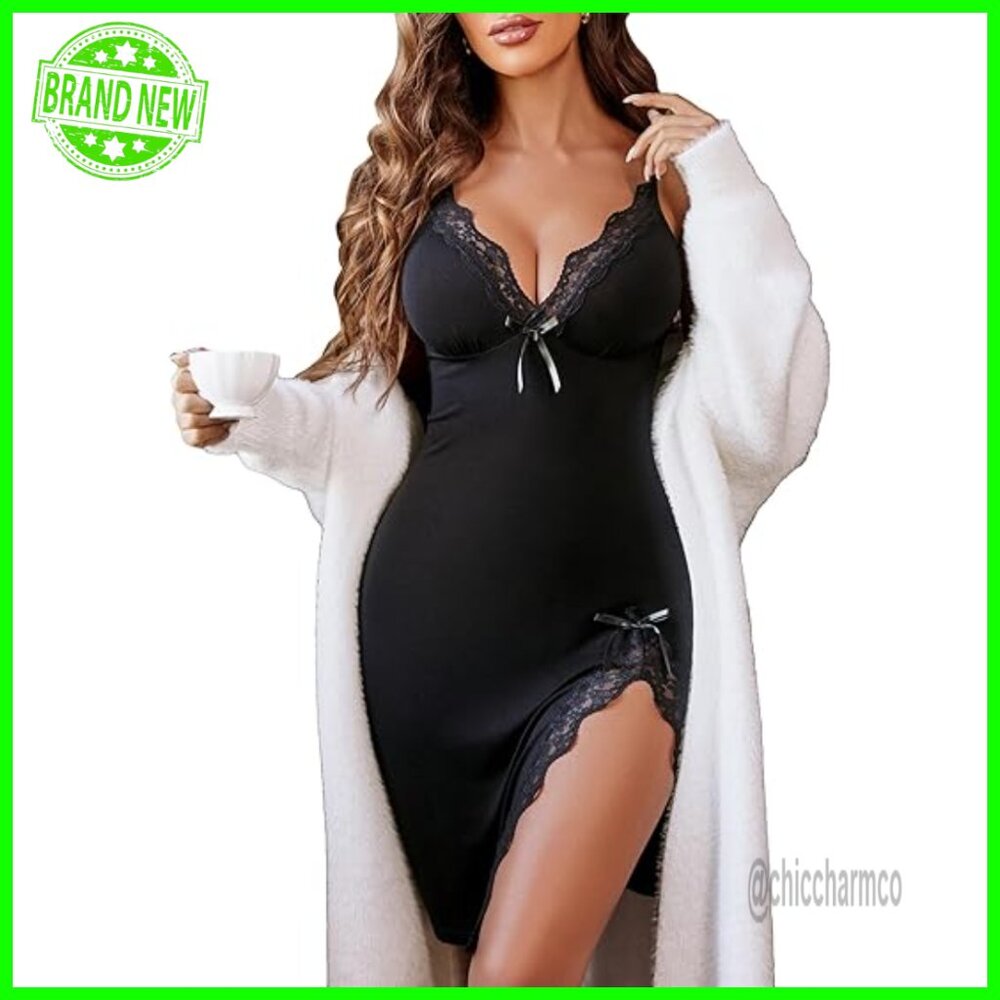 Large Modal Chemise Nightgown Side Slit Lace Babydoll Sleepwear